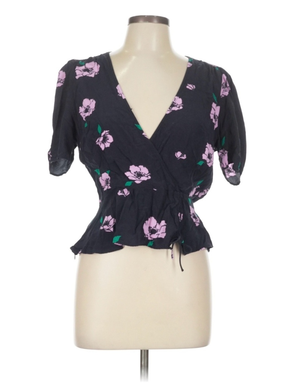 Astr Black Wrap Top with Pink Floral Print - Size L